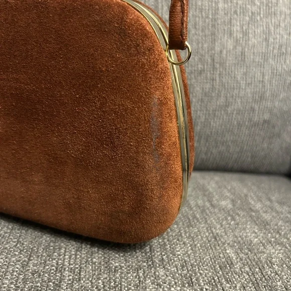 Brown Suede Crossbody Bag with clasp closure & gold hardware - Picture 6 of 11
